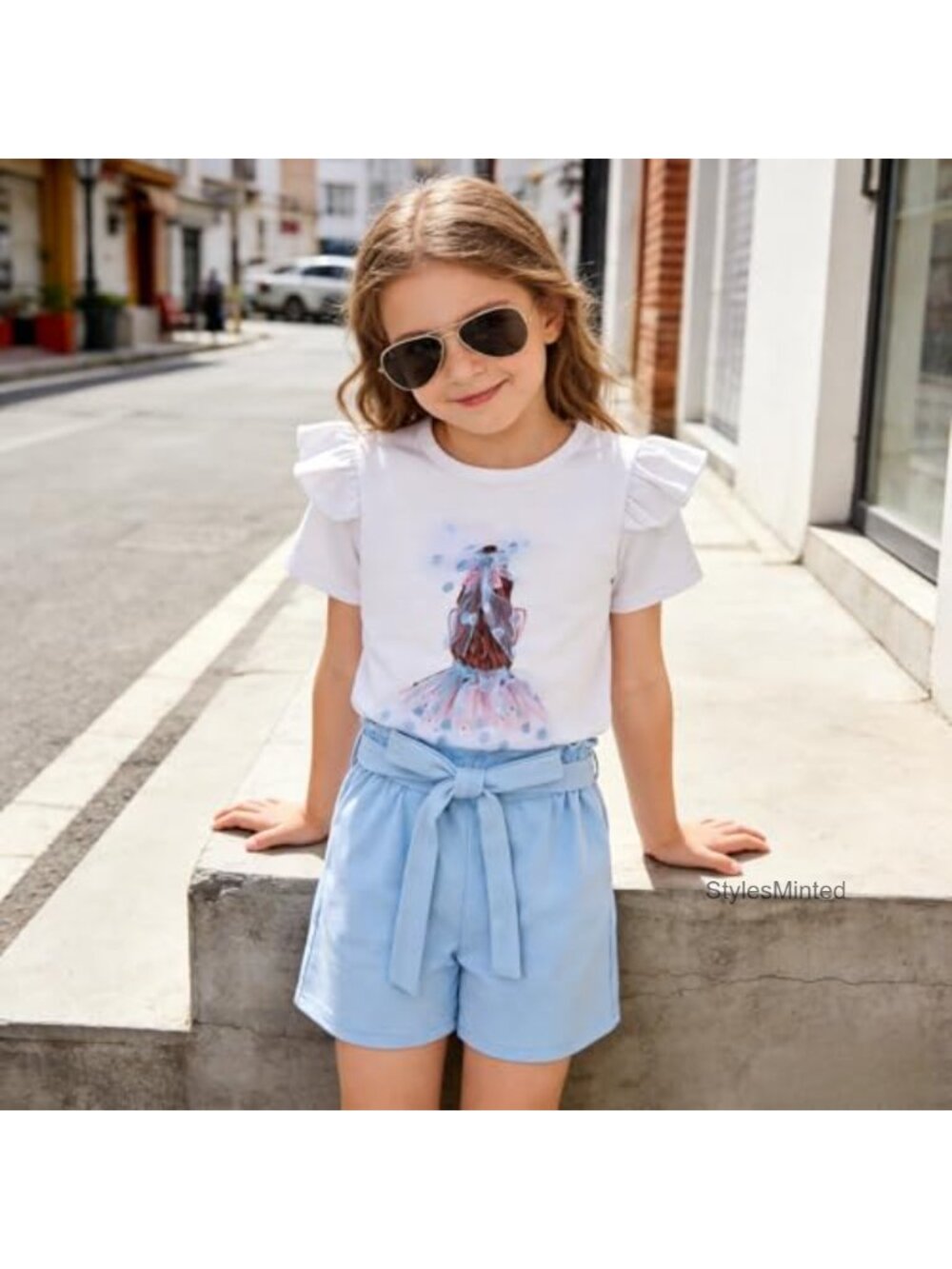 Toddler Girls 2-Piece Short Set Ruffle Sleeve Bow Tee + Matching Shorts Cotton - Picture 3 of 6